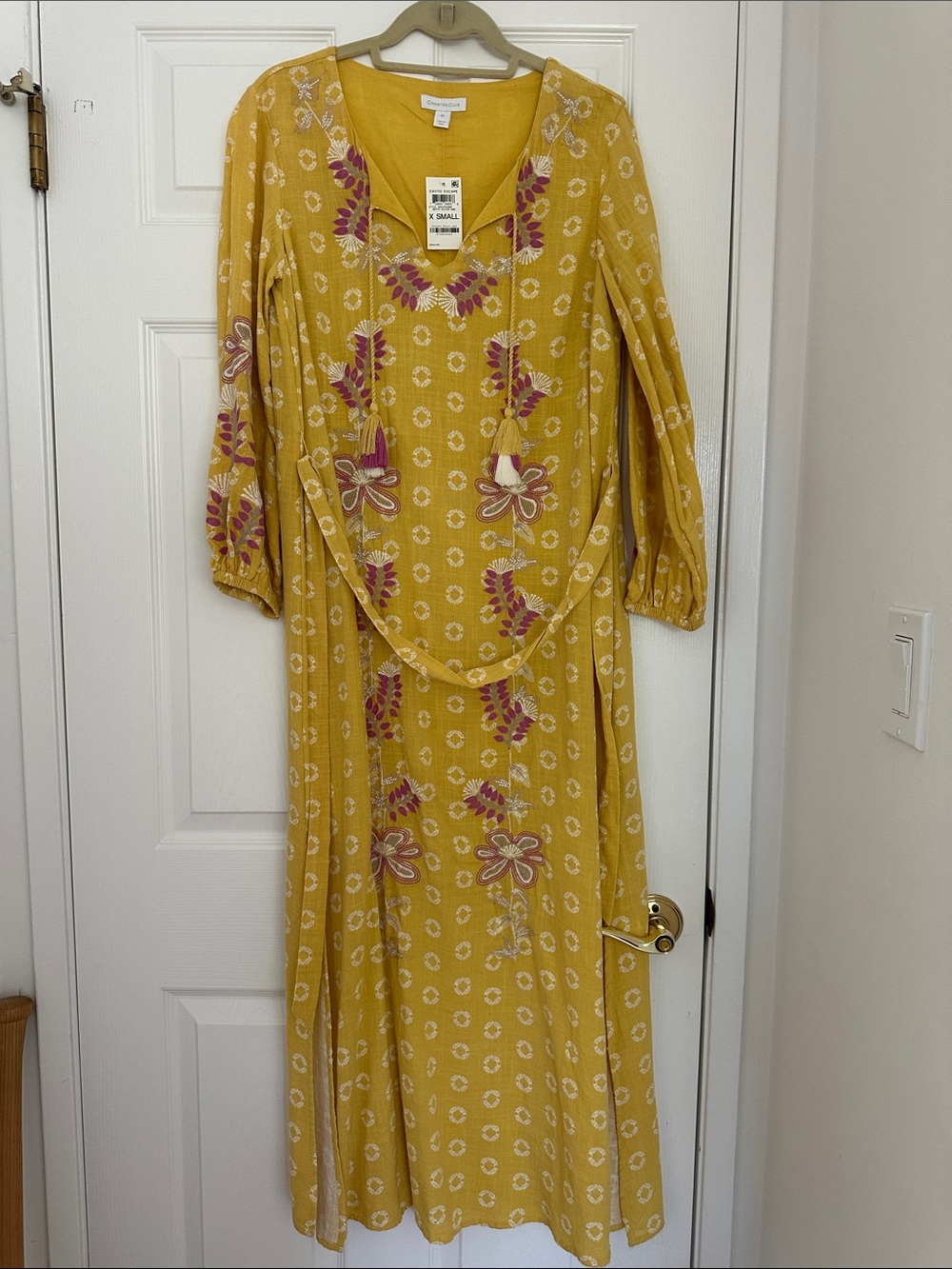Charter Club Mustard Maxi Dress with Pink Floral Embroidery